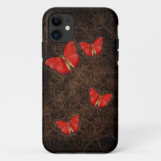 Red Orange butterflies on Brown Damask iphone case