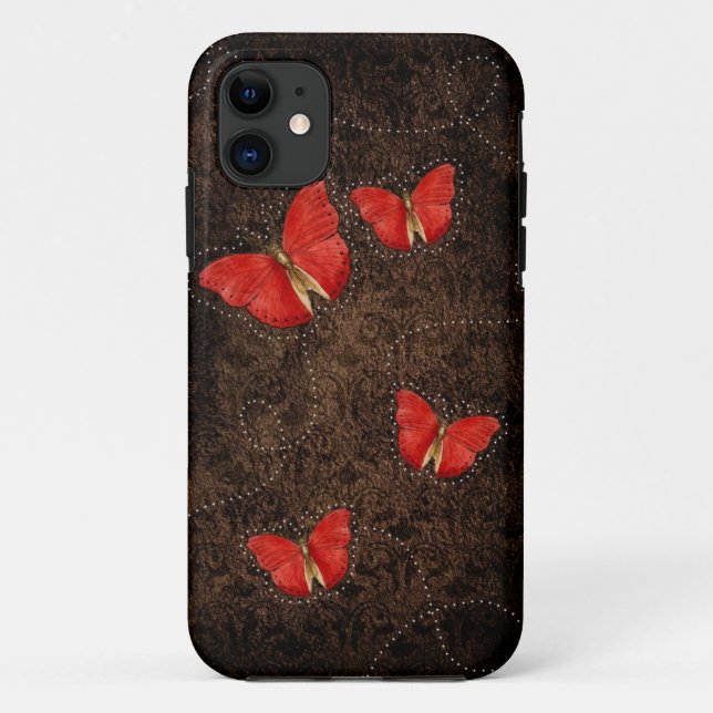 Red Orange butterflies on Brown Damask iphone case (Back)