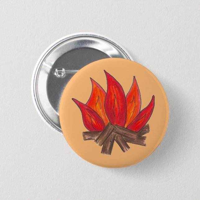 Red Orange Camping Campfire Fire Summer Camp Button (Front & Back)