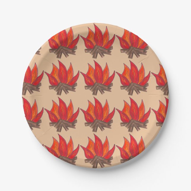 Red Orange Camping Campfire Fire Summer Camp Paper Plates (Front)