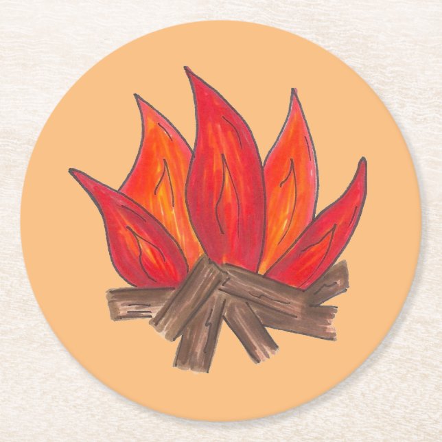 Red Orange Camping Campfire Fire Summer Camp Round Paper Coaster (Front)