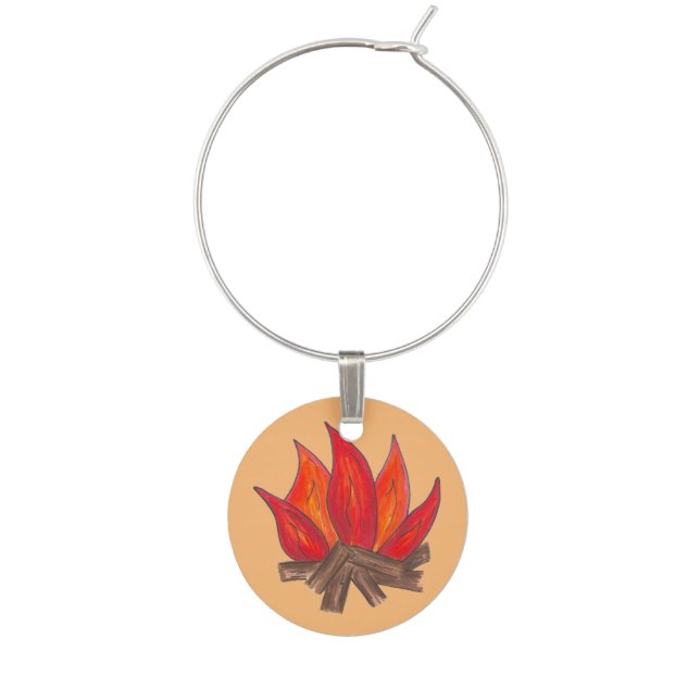 Red Orange Camping Campfire Fire Summer Camp Wine Charm (Front)