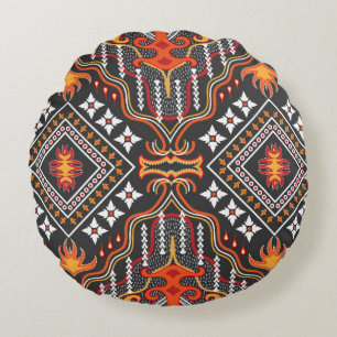 Red-Orange Central Asian: Traditional Motifs Round Pillow