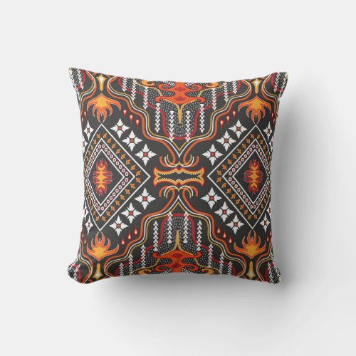 Red_Orange Central Asian Traditional Motifs Throw Pillow
