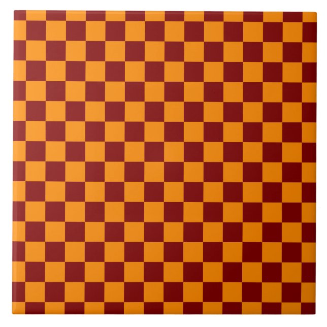 Red + Orange Check Checkered Checkerboard Pattern Ceramic Tile (Front)