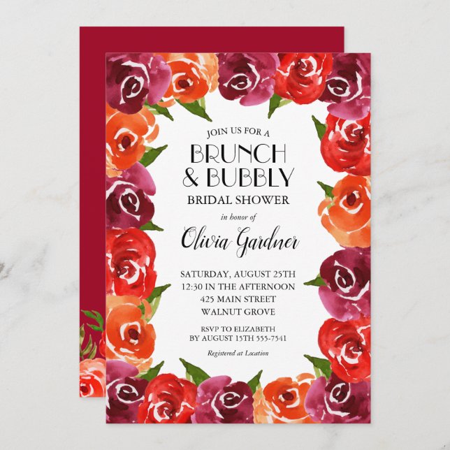 Red Orange Claret Watercolor Flowers Bridal Shower Invitation (Front/Back)