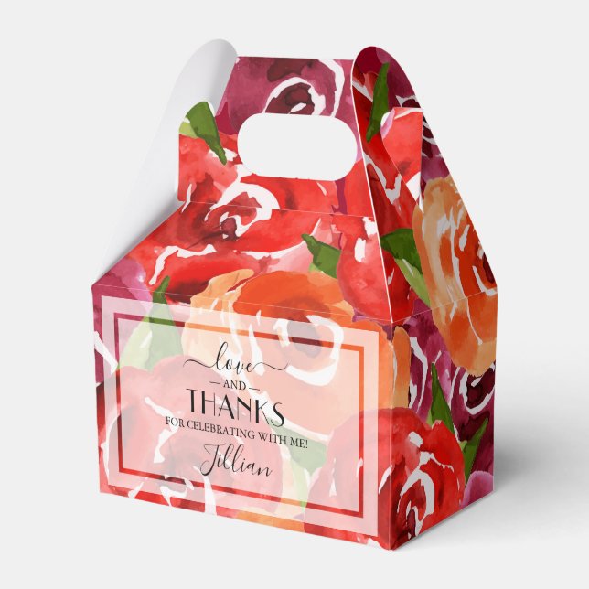 Red Orange Claret Watercolor Flowers Favor Boxes (Front Side)