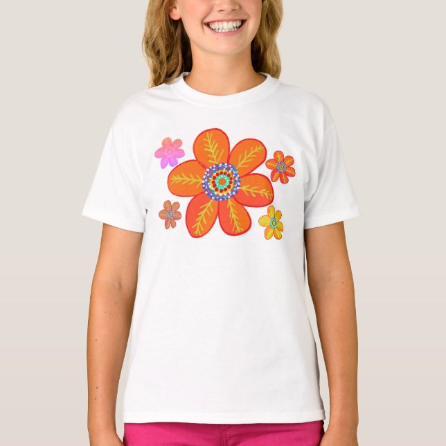 Red Orange Cool Flowers T-Shirt (Front)