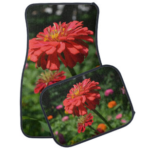 red orange daisy floral, red flower garden car floor mat