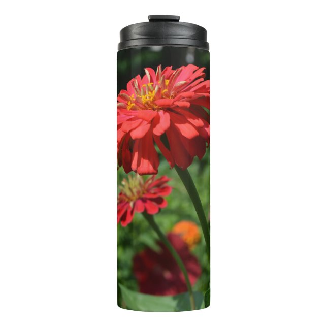 red orange daisy floral, red flower garden thermal tumbler (Front)
