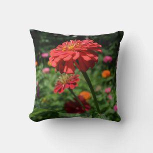 red orange daisy floral, red flower garden throw pillow