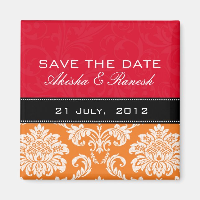 Red Orange Damask Save the Date Magnet (Front)