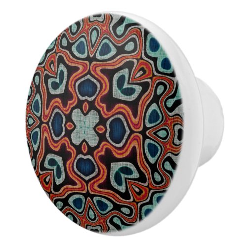 Red Orange Dark Teal Blue Ethnic Tribe Art Ceramic Knob