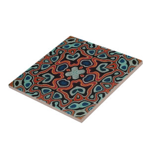 Red Orange Dark Teal Blue Ethnic Tribe Art Ceramic Tile