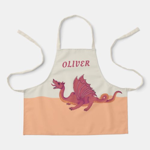 Red Orange Dragon Drawing Kid`s Name Apron - Red Orange Dragon Drawing Kid`s Name Apron. Hand-drawn dragon in red and orange colors. Add your name.