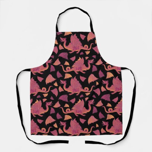 Red Orange Dragon Pattern on Black Apron