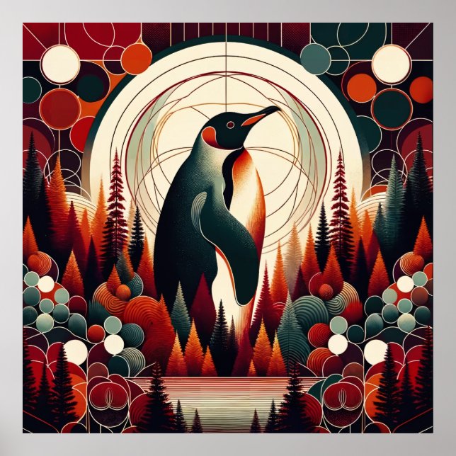 Red Orange Emperor Penguin Retro Tree Geometric Poster (Front)