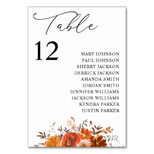 Red  Orange Fal Floral Table Number Seating Chart