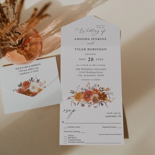 Red  Orange Fall Floral 2 Wedding All In One Invitation