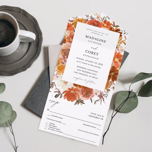 Red  Orange Fall Floral B Wedding All In One Invitation