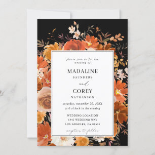 Red & Orange Fall Floral Wedding B - Black Invitation
