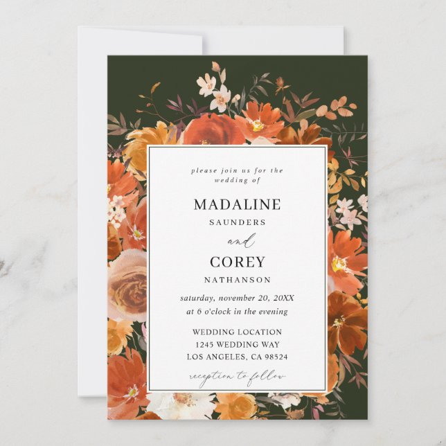 Red & Orange Fall Floral Wedding B - Green Invitation (Front)