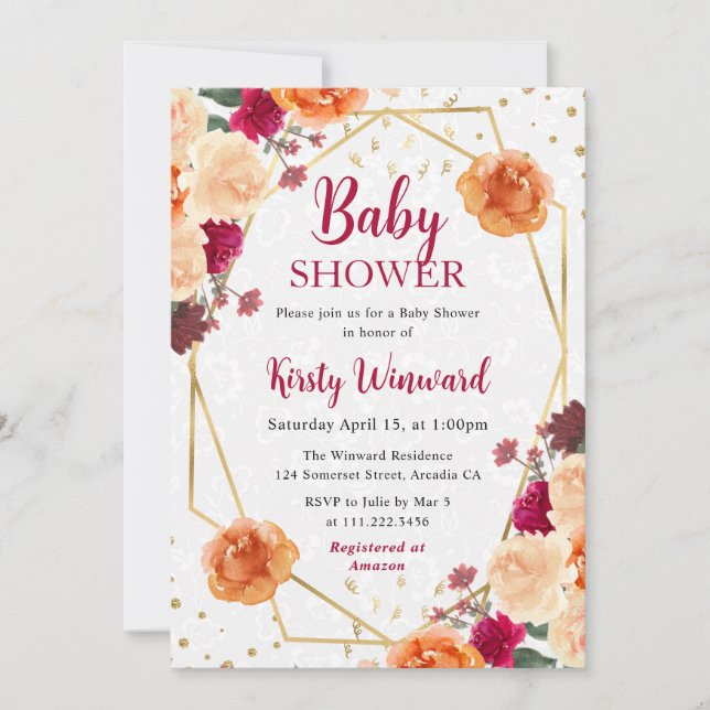 Red & Orange Fall Flowers Frame Baby Shower Invitation (Front)