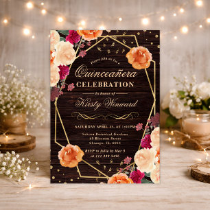 Red & Orange Fall Flowers Frame Quinceanera Invitation