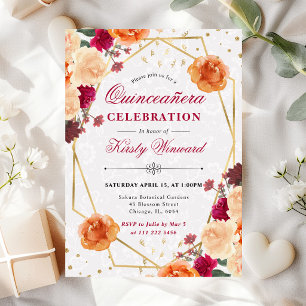 Red & Orange Fall Flowers Frame Quinceanera Invitation