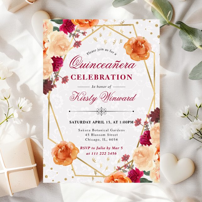 Red & Orange Fall Flowers Frame Quinceanera Invitation (Creator Uploaded)