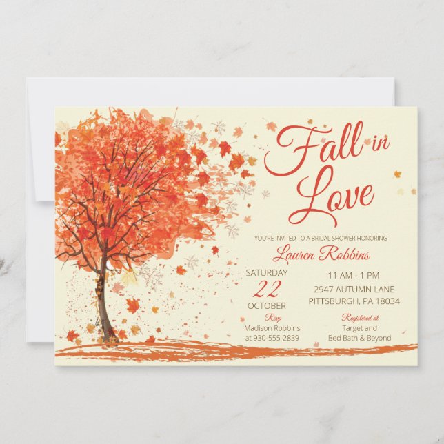Red Orange Fall in Love Fall Tree Bridal Shower Invitation (Front)