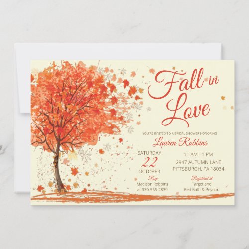 Red Orange Fall in Love Fall Tree Bridal Shower Invitation