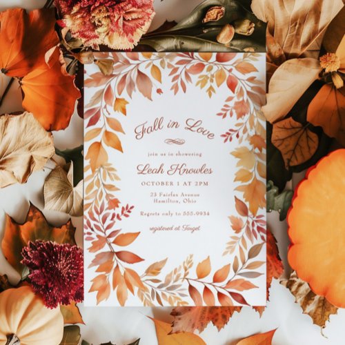 Red Orange Fall Leaves Fall in Love Bridal Shower Invitation