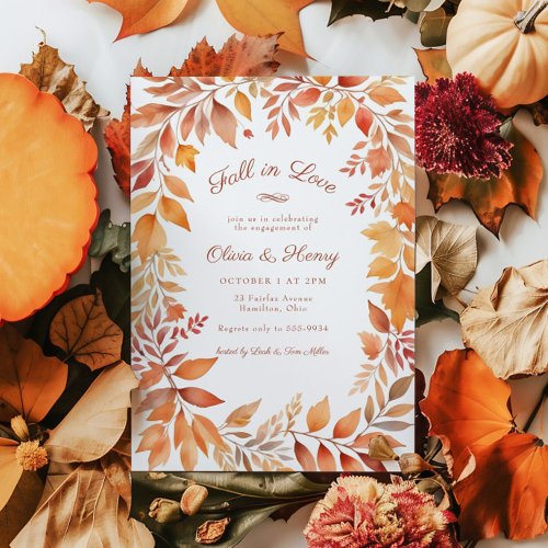 Red Orange Fall Leaves Fall in Love Engagement Invitation