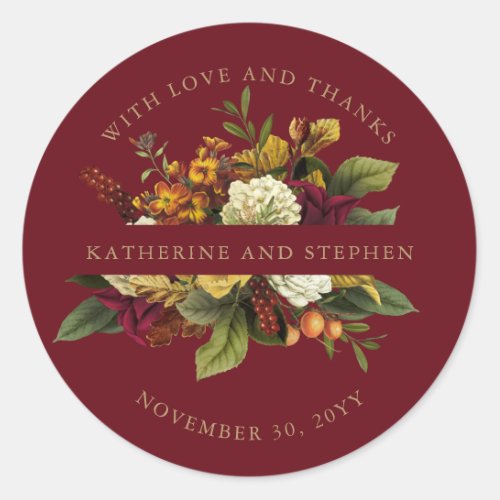 Red  Orange Floral Bouquet With Love and Thanks C Classic Round Sticker