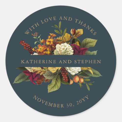 Red  Orange Floral Bouquet With Love and Thanks Classic Round Sticker