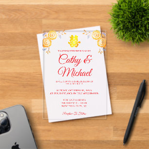 Red orange floral Chinese wedding double happiness Acrylic Invitations