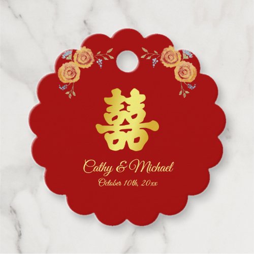 Red orange floral Chinese wedding double happiness Favor Tags