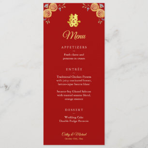 Red orange floral Chinese wedding double happiness Menu