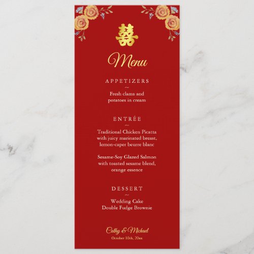 Red orange floral Chinese wedding double happiness Menu