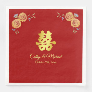 Red orange floral Chinese wedding double happiness Paper Dinner Napkins