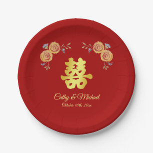 Red orange floral Chinese wedding double happiness Paper Plates