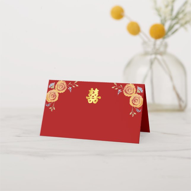 Red orange floral Chinese wedding double happiness Place Card (Front)