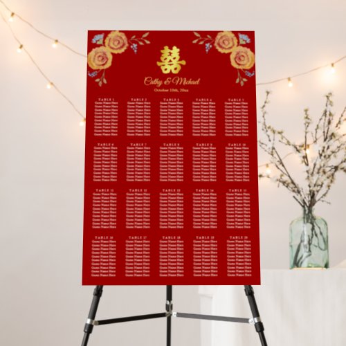 Red orange floral Chinese wedding seating chart Foam Board
