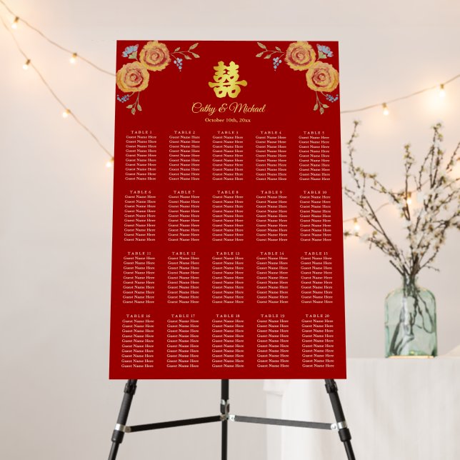 Red orange floral Chinese wedding seating chart Foam Board (In Situ (Stand))