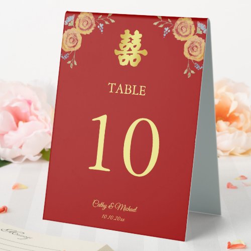 Red orange floral Chinese wedding table number Table Tent Sign