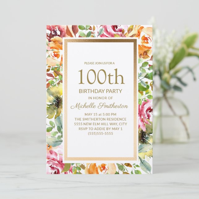 Red Orange Floral Green Leaves Gold 100th Birthday Invitation (Standing Front)