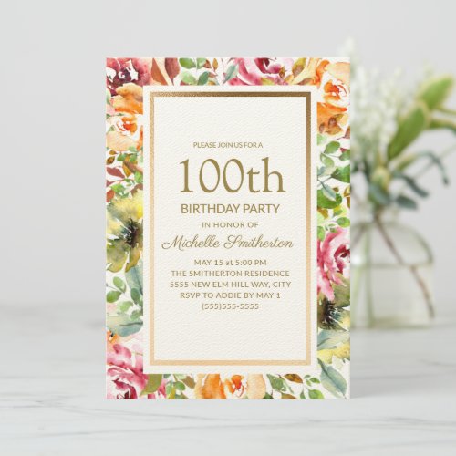 Red Orange Floral Green Leaves Gold 100th Birthday Invitation