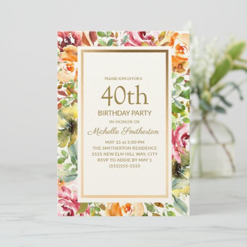 Red Orange Floral Green Leaves Gold 40th Birthday  Invitation