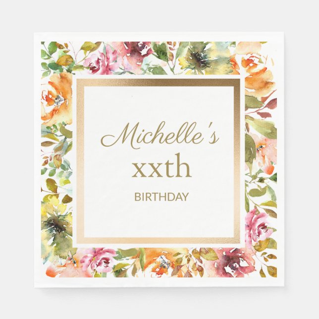 Red Orange Floral Green Leaves Gold Birthday Napkins (Front)